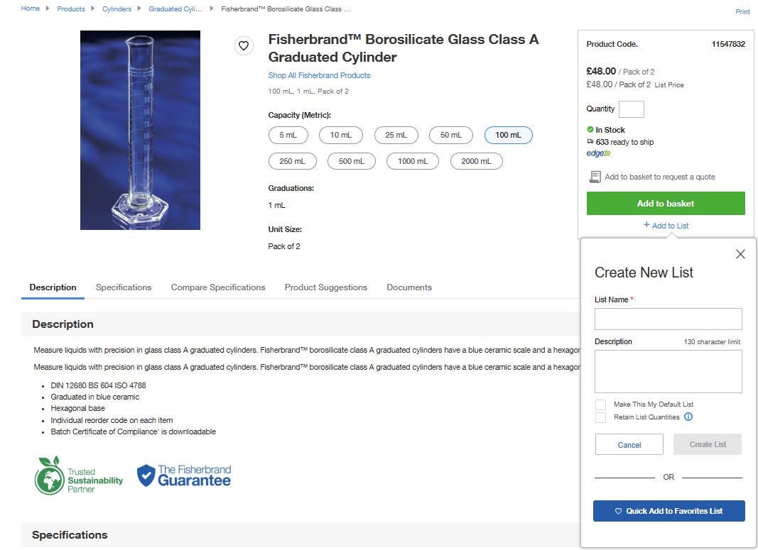 Product page on Fisher Scientific's website for Fisherbrand Comfort Nitrile Gloves with Aloe and Chamomile. Includes an image, product title, size options, pricing, stock status, and buttons for adding to cart or list. Tabs for description, specifications, and product suggestions are present.