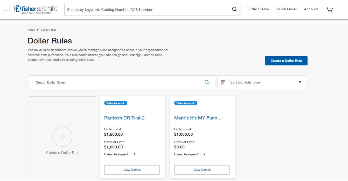 Dollar Rules page on Fisher Scientific's website for managing purchase rules. Includes search bar, sorting options, and a button to create new rules. Displays existing rules with management options.