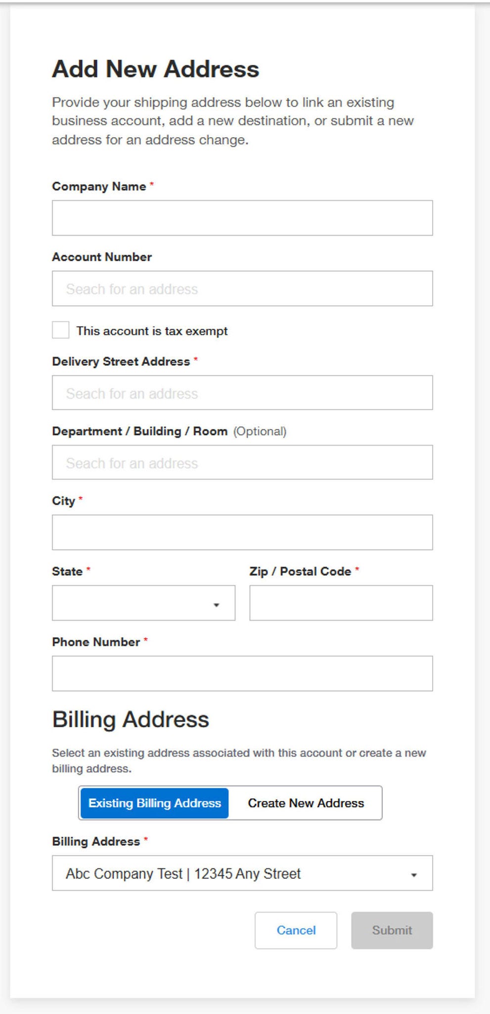 Add New Address page on Fisher Scientific's website with fields for address details and options for billing address. 'Cancel' and 'Submit' buttons are at the bottom.