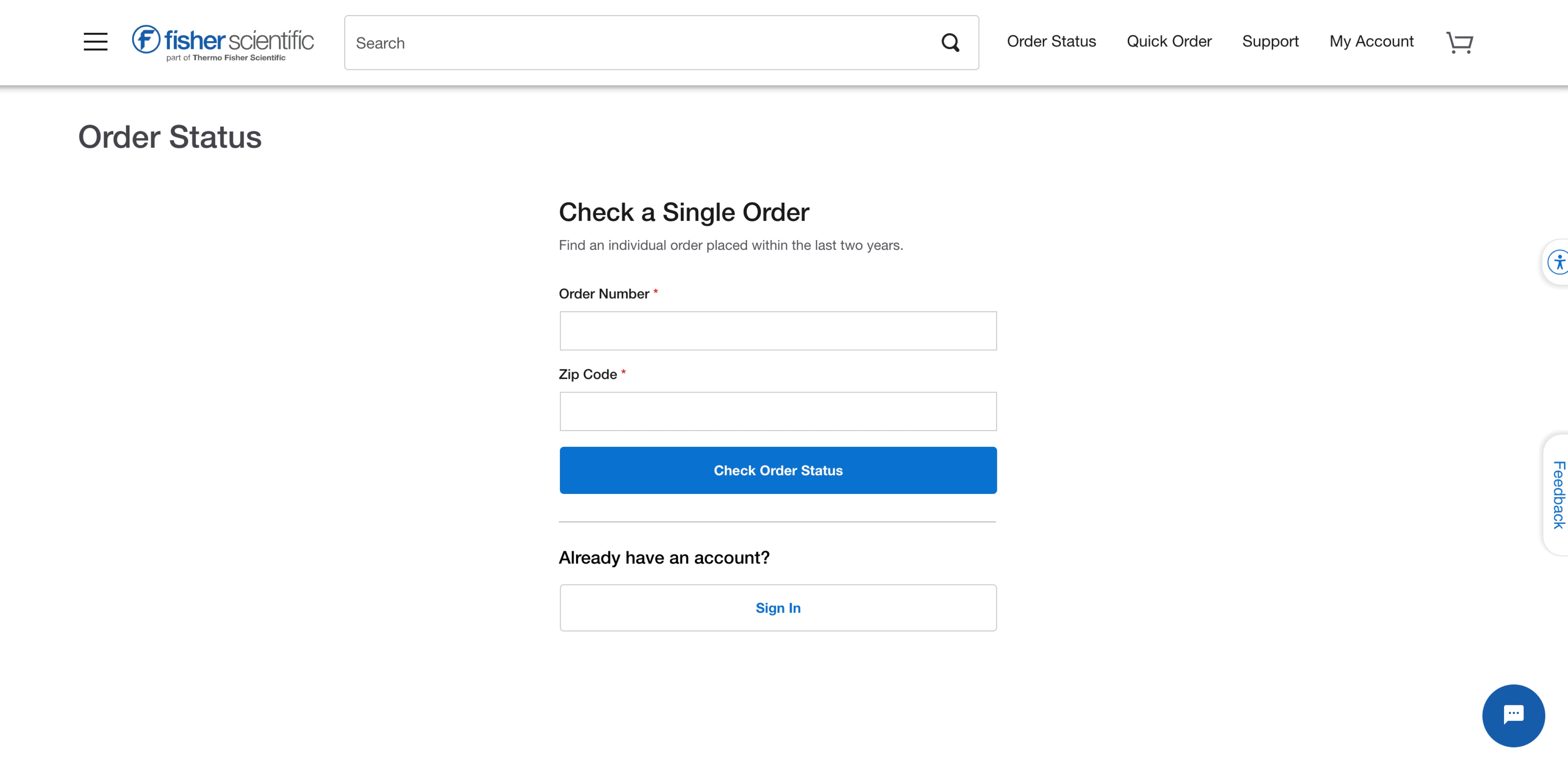 Order Status page on Fisher Scientific's website for checking a single order. Includes input fields for order number and zip code, and a button to check order status. Sign In option is available.