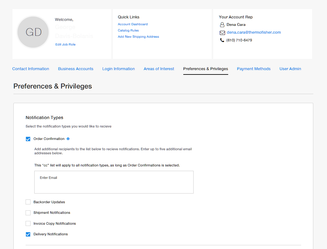 Preferences & Privileges page on Fisher Scientific's website with user information, quick links, and tabs for various settings. Main content focuses on notification preferences.