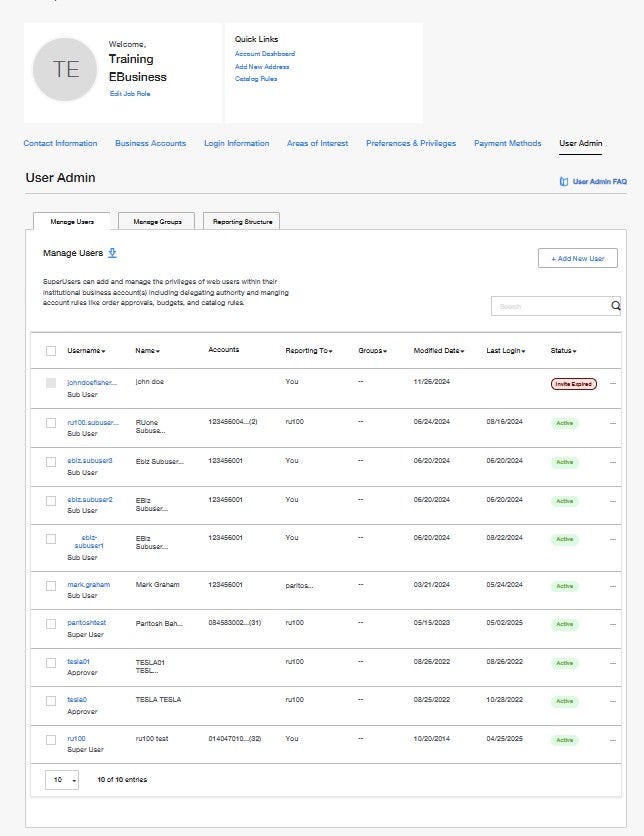 User Admin page on Fisher Scientific's website with user information, quick links, and tabs for various settings. Main content focuses on managing users, groups, and reporting structure. Includes a table with user details and a button to add new users.